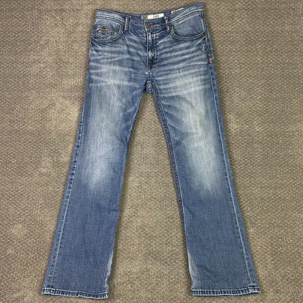 Buckle BKE Jake Jeans Men's 31L Fits 33 x 32 Blue Stretch Whiskering